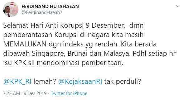 Cuitan Ferdinand Hutahaean soal peringatan hari anti korupsi (Twitter/ferdinandhaean2)