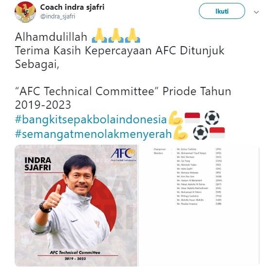 Indra Sjafri jadi anggota Komite Teknik AFC 2019-2023. (Twitter/@indra_sjafri).