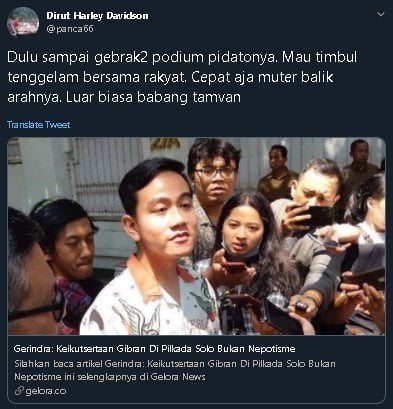 Cuitan Panca sola dukungan Gerindra ke Gibran. (Twitter/@panca66)