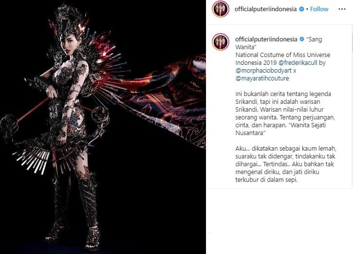 Gaun Frederika Cull di panggung Miss Universe 2019. (Instagram/@officialputeriindonesia)