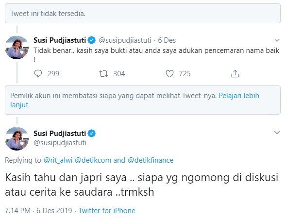 Susi Pudjiastuti ancam polisikan warganet (Twitter/susipudjiastuti)