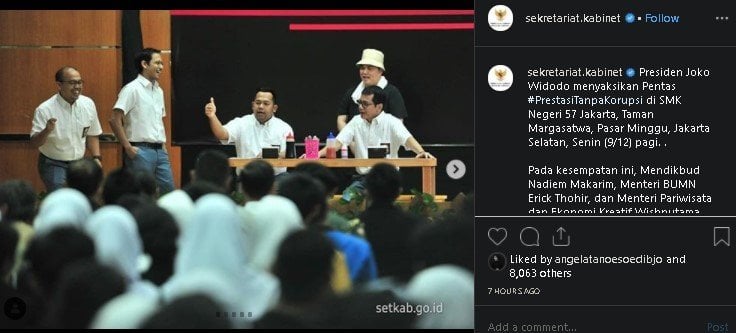 Menteri muda jajaran Kabinet Indonesia Maju pentas drama "Prestasi Tanpa Korupsi". (Instagram/@sekretariat.kabinet)