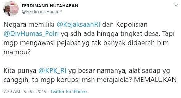 Cuitan Ferdinand Hutahaean soal peringatan hari anti korupsi (Twitter/ferdinandhaean2)