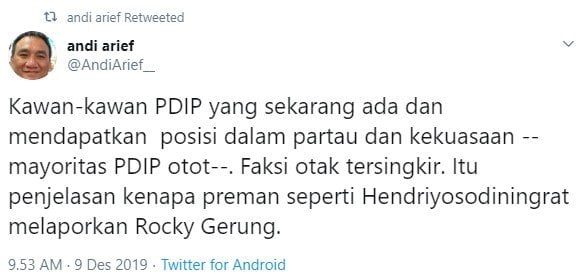 Cuitan Andi Arief yang menyindir Henry Yosodiningrat sebagai preman (Twitter/andiarief_)