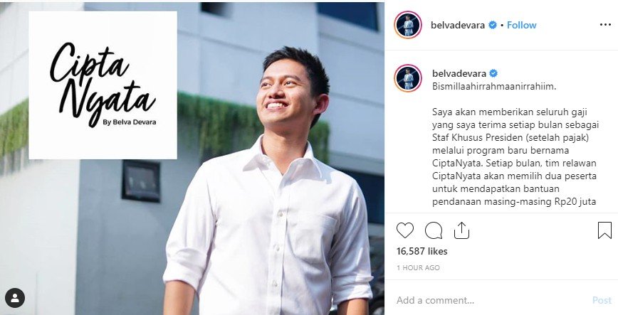 Stafsus Jokowi, Adamas Belva akan berikan seluruh gajinya untuk UMKM (Instagram/belvadevara)