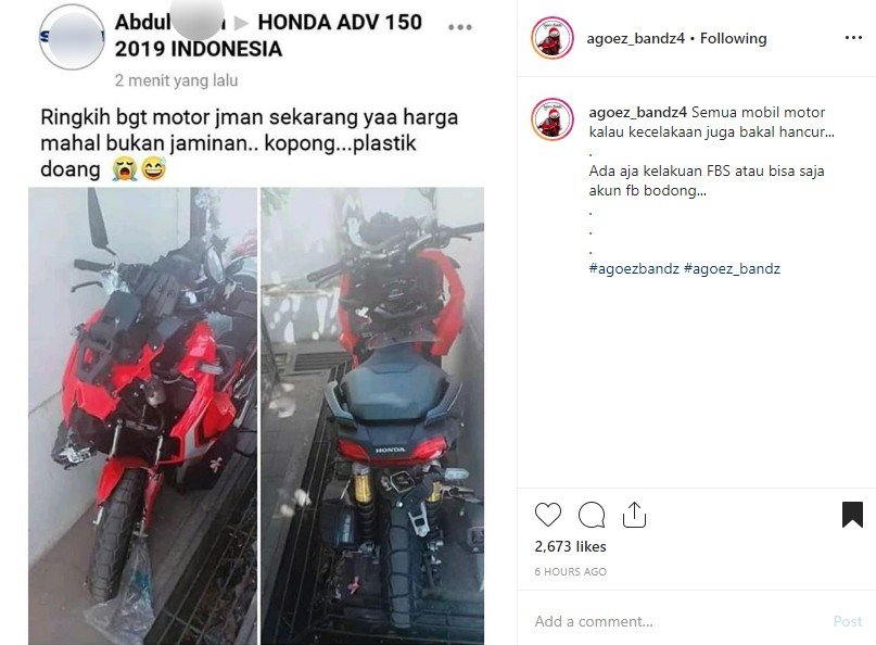 Honda ADV 150 yang viral pasca kecelakaan. (Instagram/@agoez_bandz4)