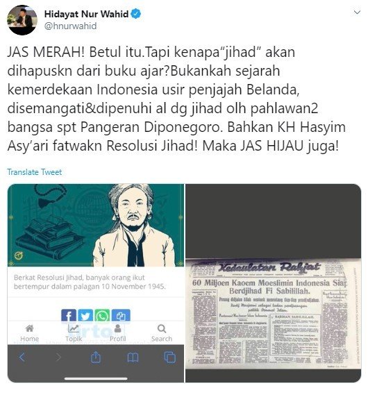 Cuitan HNW soal revisi bahan ajar. (Twitter/@hnurwahid)