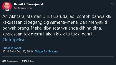 Cuitan Dahnil Anzar soal Dirut Garuda. (Twitter/@Dahnilanzar)