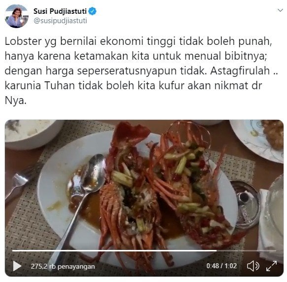 Tanggapan SUsi Pudjiastuti soal kebijakan ekspor benih lobster (Twitter/susipudjiastuti)