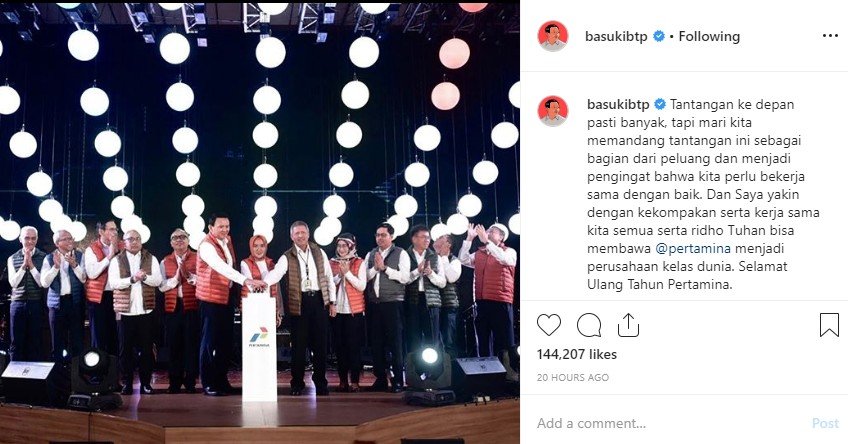 Ahok optimis bisa membawa Pertamina jadi perusahaan kelas dunia (Instagram/basukibtp)