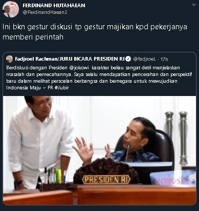 Cuitan Ferdinand soal foto Fadjroel dan Jokowi. (Twitter/FerdinandHaean2)