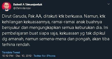 Cuitan Dahnil Anzar soal Dirut Garuda. (Twitter/@Dahnilanzar)