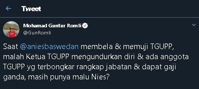 Cuitan Guntur Romli soal TGUPP. (Twitter/@GunRomli)