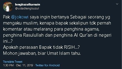Cuitan Tengku Zul soal penista agama. (Twitter/@ustadtengkuzul)