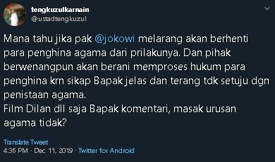 Cuitan Tengku Zul soal penista agama. (Twitter/@ustadtengkuzul)