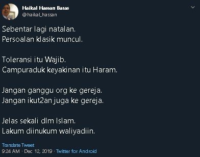 Cuitan Haikal Hassan jelang natal. (Twitter/@Haikal_Hassan)