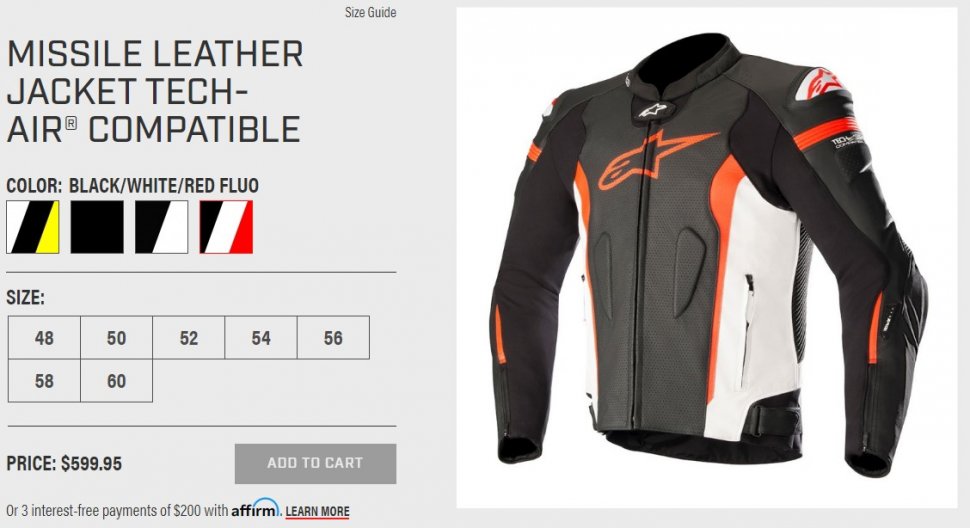 Missile Leather Jacket Tech-Air Compatible. (alpinestars.com)