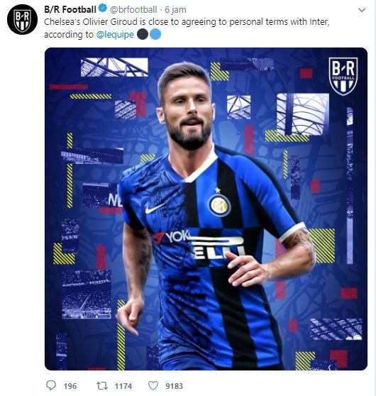 Olivier Giroud dilaporkan bakal bergabung Inter Milan. (Twitter/@brfootball).