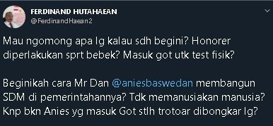 Cuitan Ferdinand Hutahaean soal honorer DKI disuruh masuk got demi perpanjangan kontrak. (Twitter/@FerdinandHaean2)