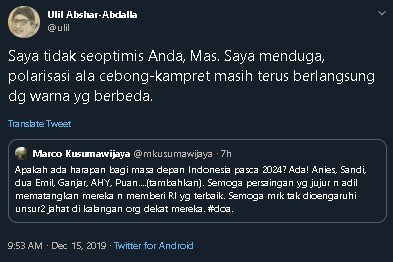 Ulil Abshar Abdalla balas cuitan Marco. (Twitter/@ulil)