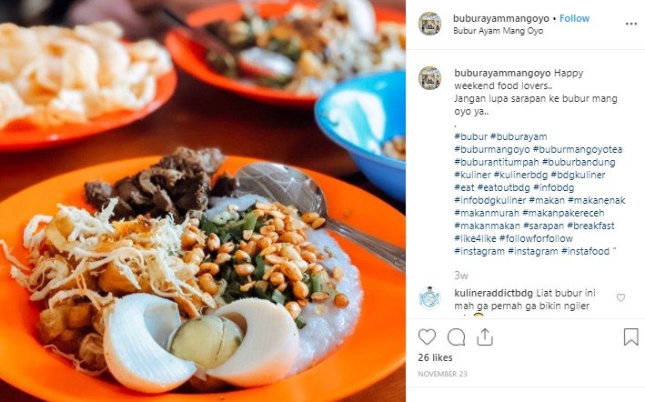Bubur Ayam Mang Oyo, menu sarapan di Bandung. (Instagram/@buburayammangoyo)