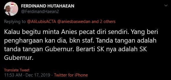 Cuitan Ferdinand untuk menyindir sikap Anies.(Twitter)