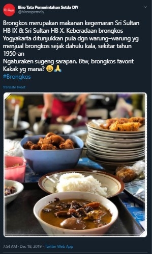 Fakta kuliner brongkos jadi kuliner favorit keluarga kerajaan. (Twitter/birotapemdiy)