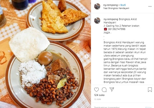 Brongkos Handayani, kuliner populer dan legendaris di Yogyakarta. (Instagram/@ny.rempong)