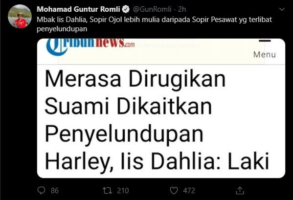 Pernyataan Gun Romli tanggapi Iis Dahlia. (Twitter)