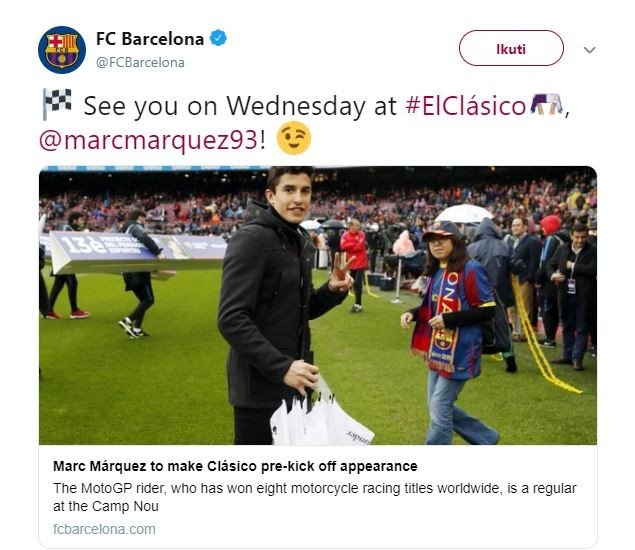 Barcelona mengonfirmasi kehadiran Marc Marquez di laga El Clasico. (Twitter/@FCBarcelona)