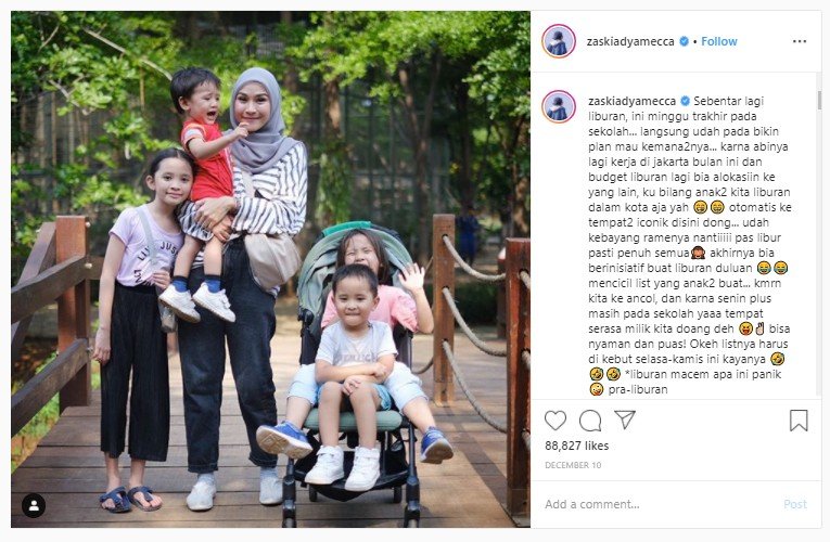 Zaskia Adya Mecca Bagikan Tips Liburan Bawa Banyak Anak. (Instagram/@zaskiadyamecca)