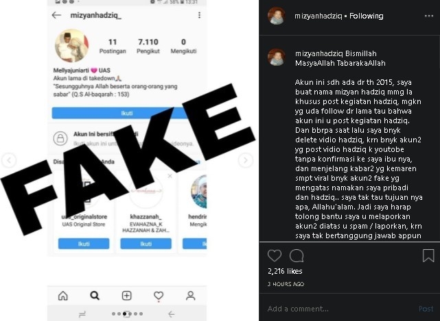 Eks istri UAS dikeroyok akun fake. (Instagram/@mizyanhadziq)