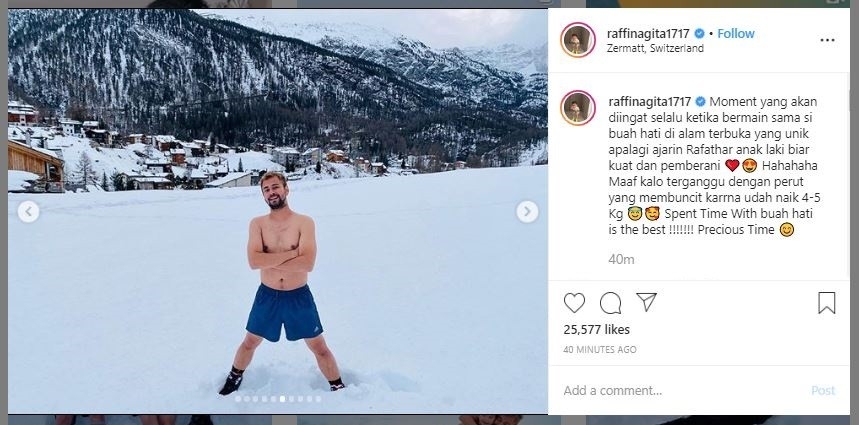 Raffi Ahmad Telanjang Dada Sambil Main Salju di Swiss (instagram.com/raffinagita1717)