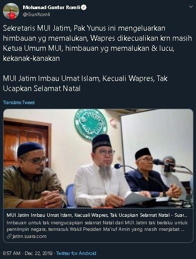 Cuitan Guntur Romli soal imbauan MUI Jatim larang umat Islam ucapkan Selamat Natal. (Twitter/@GunRomli)