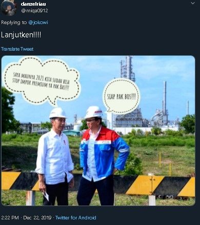 Jokowi dan Ahok ketika meninjau kilang PT Trans Pacific Petrochemical Indotama (TPPI). (Twitter/@miqa0912)