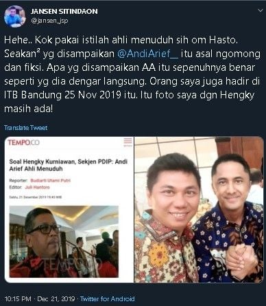 Jansen Sitindaon bela Andi Arief soal kepindahan Hengky Kurniawan. (Twitter/@jansen_jsp)