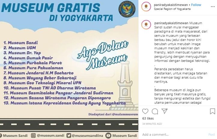 Daftar museum yang tiket masuknya gratis di Yogyakarta. (Instagram/@paniradyakakistimewan)