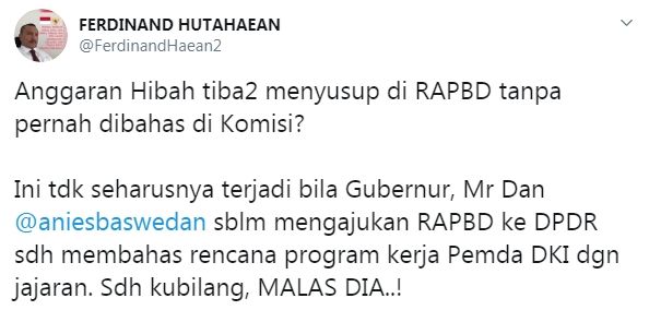 Ferdinand Hutahaean sindir Anies Baswedan soal anggaran Bamus Betawi (Twitter/ferdinandhaean2)
