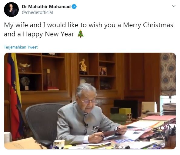 PM Malaysia Mahathir Mohammad berikan ucapan selamat natal (Twitter/chedetofficial)