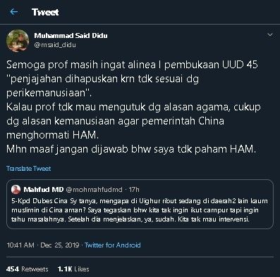 Said Didu balas cuitan Mahfud MD soal China. (Twitter/@msaid_didu)