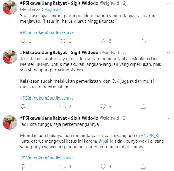 Pembelaan PSI soal ramainya tagar #PSImingkemSoalJiwasraya (Twitter/sigitwid)