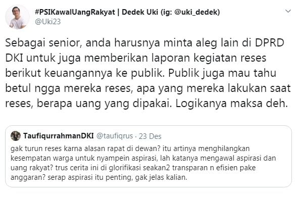 Adu argumen antara PSI dan Demokrat soal dana reses (Twitter/uki23 dan taufiqrus)