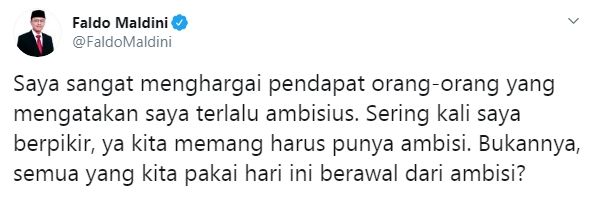 Tanggapan Faldo Maldini usai disebut ambisius mengejar kekuasaan (Twitter/faldomaldini)