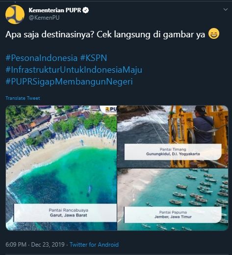 Rekomendasi wisata pantai di sepanjang jalur Pantai Selatan. (Twitter/@kemenPU)