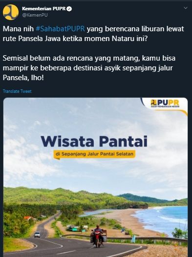 Rekomendasi wisata pantai di sepanjang jalur Pantai Selatan. (Twitter/@kemenPU)