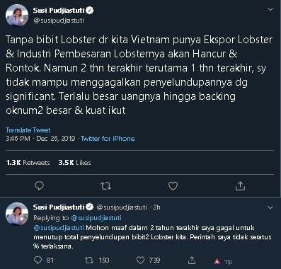 Susi merasa gagal tak biasa atasi penyelundupan lobster. (Twitter/@susipudjiastuti)