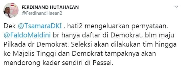 Ferdinand soal pendaftaran Faldo Maldini dalam Pilkada via Demokrat (Twitter/ferdinandhaean2)