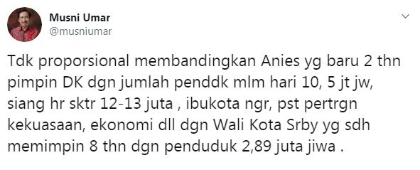 Rektor UIC Musni Umar minta Anies Baswedan tak diadu domba (Twitter/musniumar)