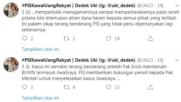 Cuitan Dedek Prayudi soal tagar #PSImingkemSoalJiwasraya (Twitter/uki23)