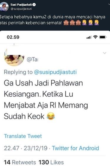 Susi bongkar identitas pembully. (Twitter/@susipudjiastuti)